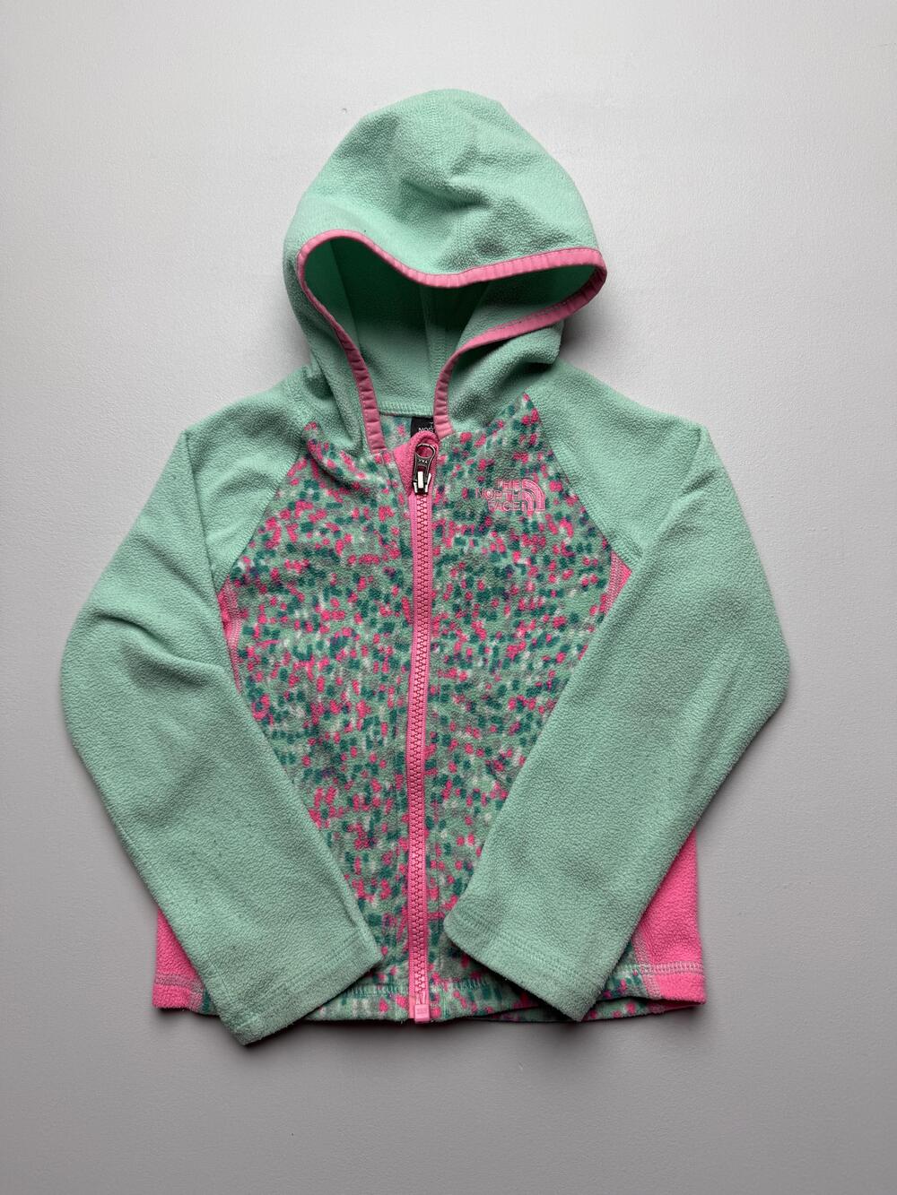 The North Face Jacket Kids 3T Green Pink Hooded Fleece Full Zip Toddler Print